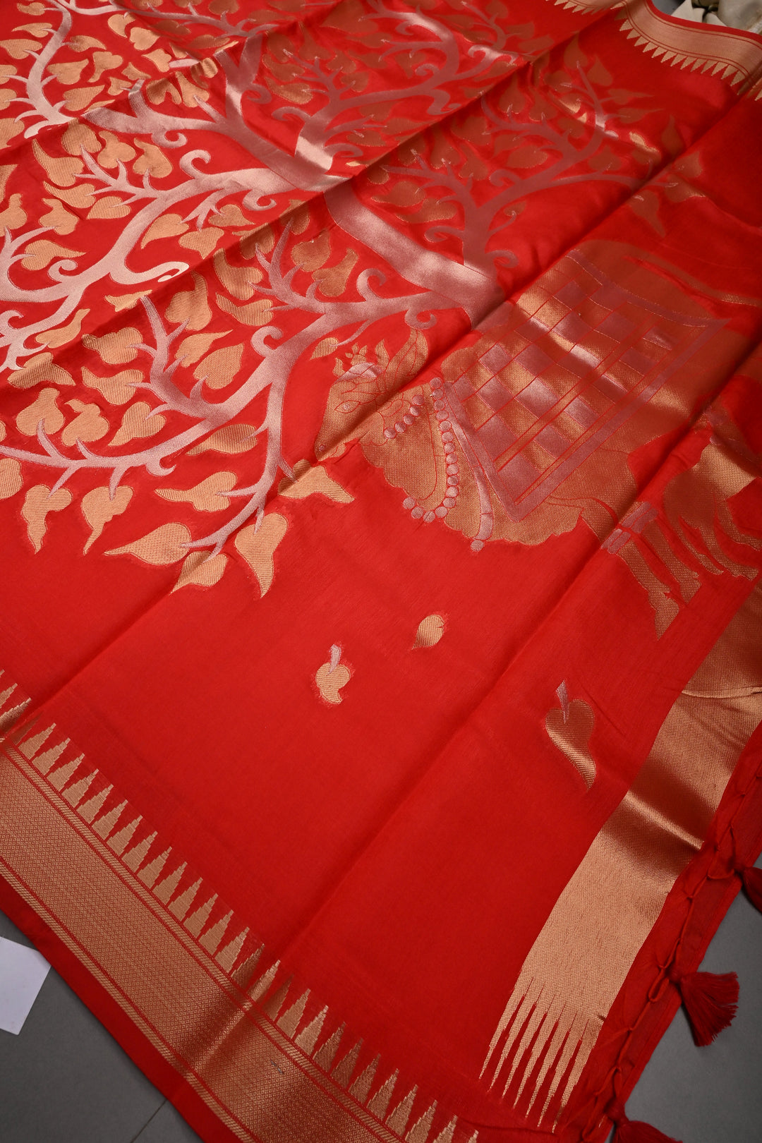 Reddish-Orange Sona Rupa Zari Buttas on Mercerized Cotton Saree with Temple Zari Border and Tree Of life Pallu | SHOBITAM