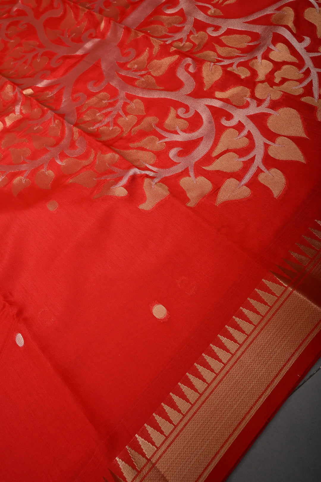 Reddish-Orange Sona Rupa Zari Buttas on Mercerized Cotton Saree with Temple Zari Border and Tree Of life Pallu | SHOBITAM