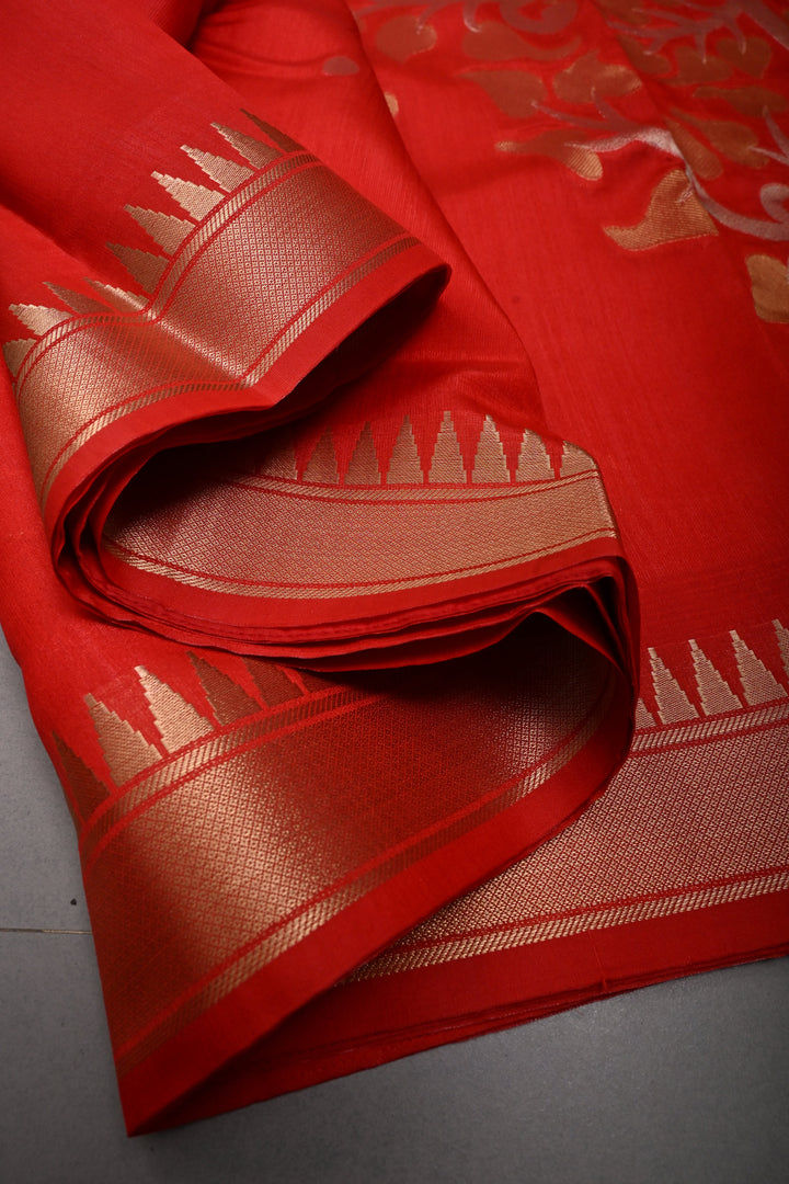 Reddish-Orange Sona Rupa Zari Buttas on Mercerized Cotton Saree with Temple Zari Border and Tree Of life Pallu | SHOBITAM