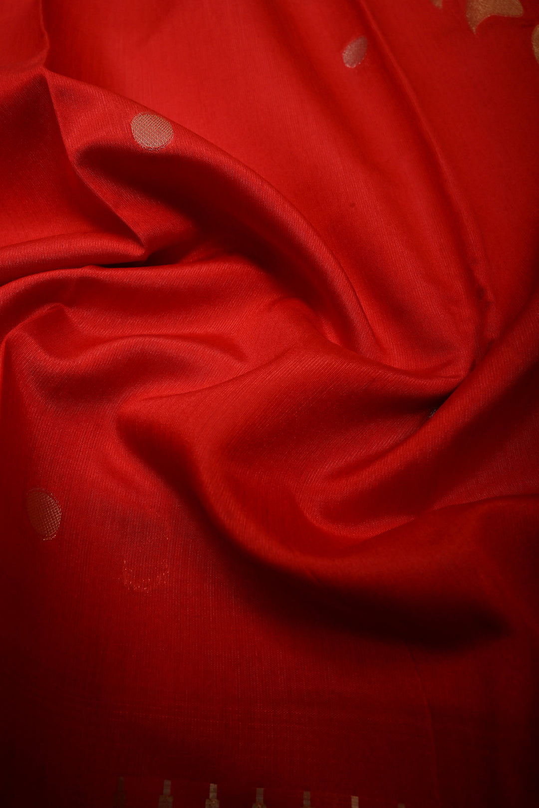 Reddish-Orange Sona Rupa Zari Buttas on Mercerized Cotton Saree with Temple Zari Border and Tree Of life Pallu | SHOBITAM