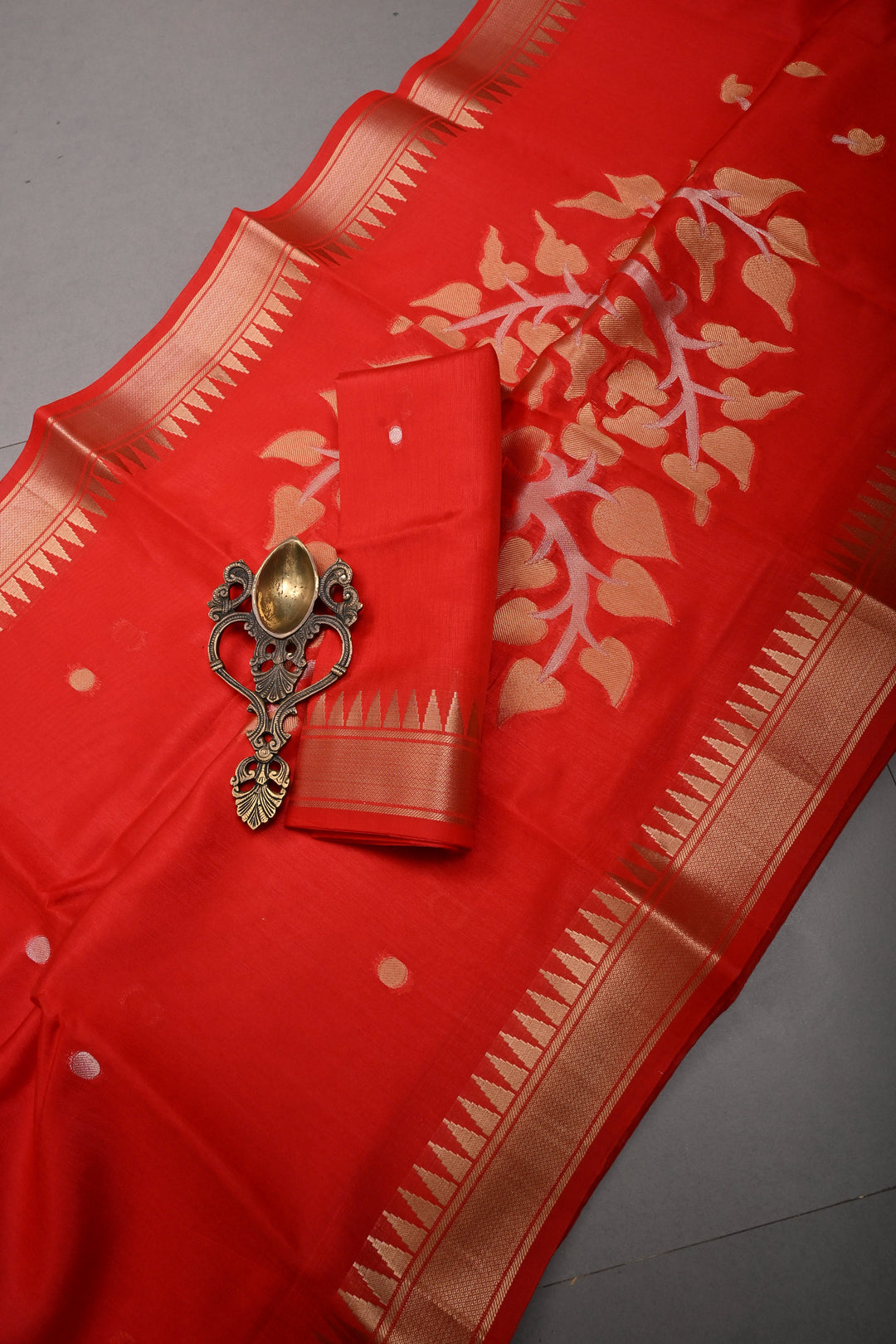 Reddish-Orange Sona Rupa Zari Buttas on Mercerized Cotton Saree with Temple Zari Border and Tree Of life Pallu | SHOBITAM