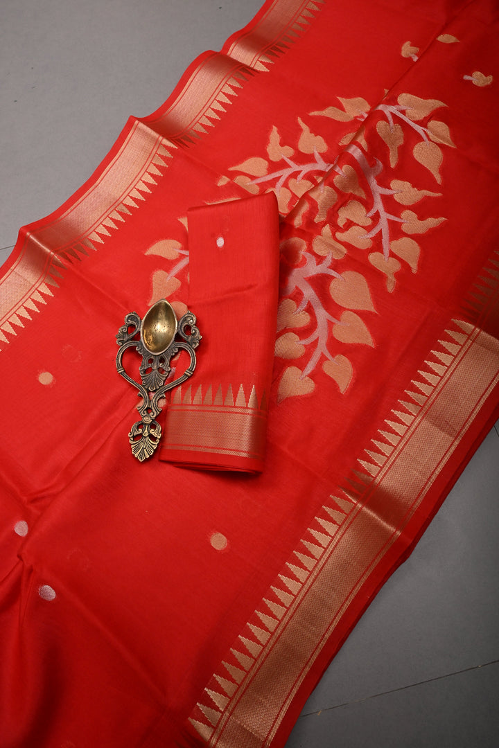 Reddish-Orange Sona Rupa Zari Buttas on Mercerized Cotton Saree with Temple Zari Border and Tree Of life Pallu | SHOBITAM
