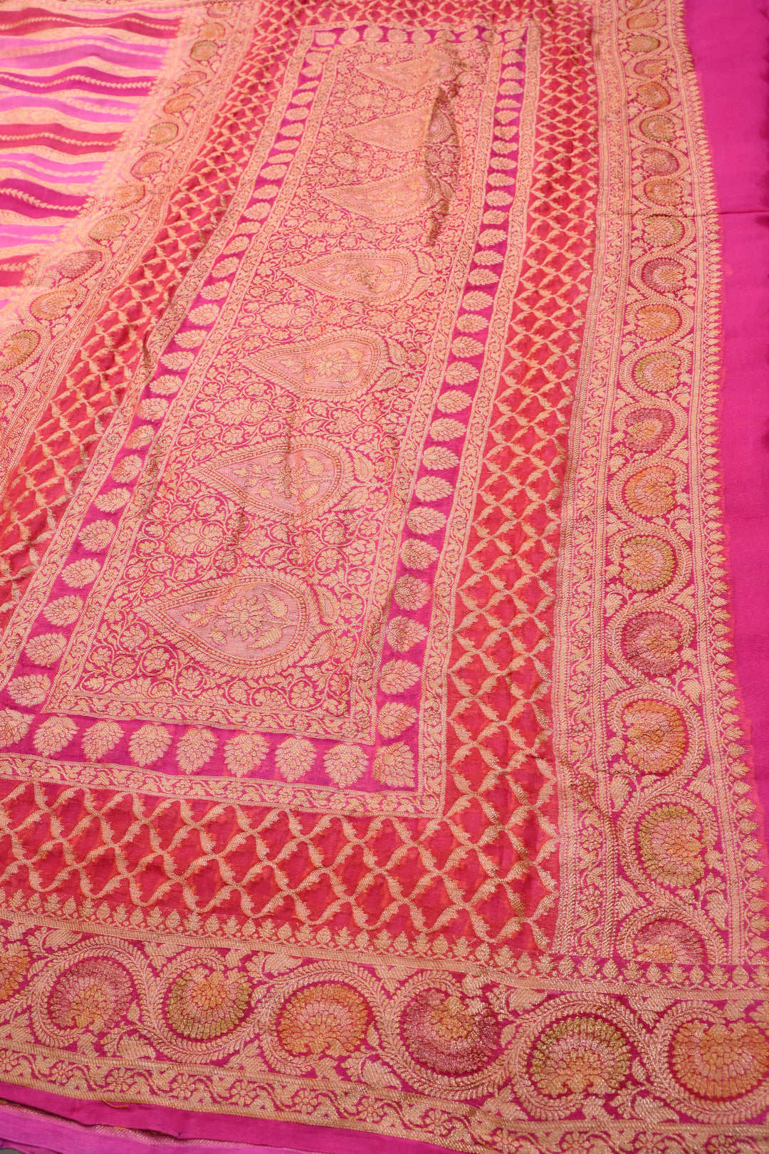 shades of pink Banarasi Silk Georgette Saree with  Horizontal Stripes and Zari Border | SILK MARK CERTIFIED | SHOBITAM