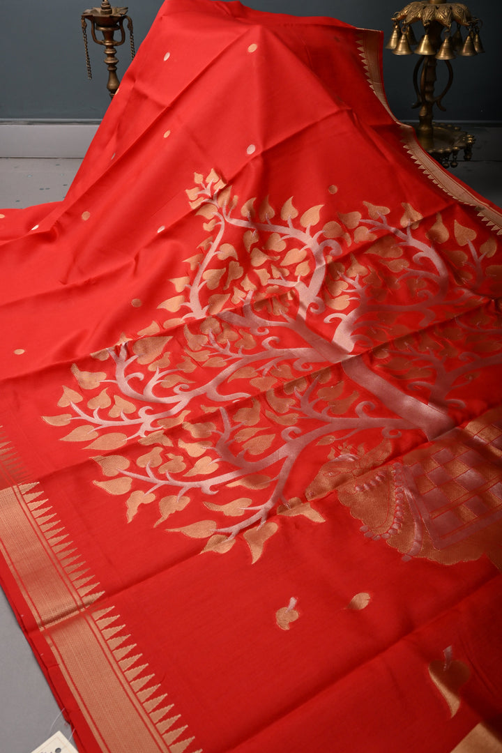 Reddish-Orange Sona Rupa Zari Buttas on Mercerized Cotton Saree with Temple Zari Border and Tree Of life Pallu | SHOBITAM