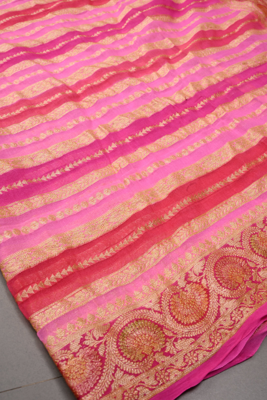 shades of pink Banarasi Silk Georgette Saree with  Horizontal Stripes and Zari Border | SILK MARK CERTIFIED | SHOBITAM