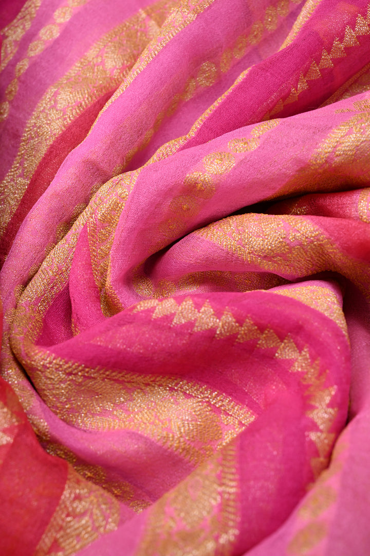 shades of pink Banarasi Silk Georgette Saree with  Horizontal Stripes and Zari Border | SILK MARK CERTIFIED | SHOBITAM