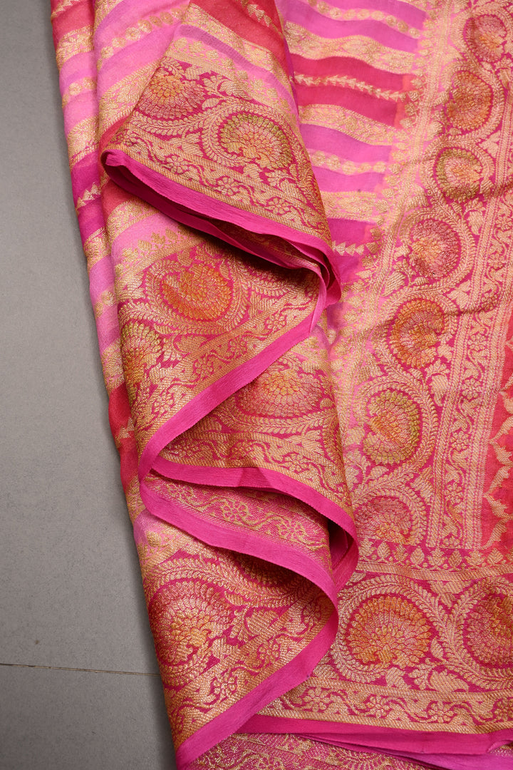 shades of pink Banarasi Silk Georgette Saree with  Horizontal Stripes and Zari Border | SILK MARK CERTIFIED | SHOBITAM