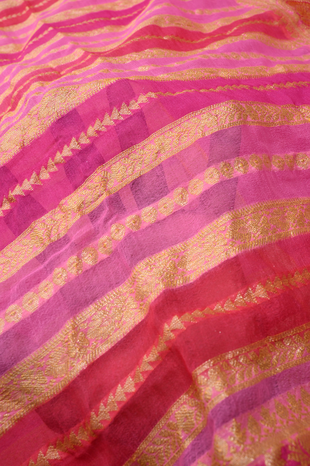shades of pink Banarasi Silk Georgette Saree with  Horizontal Stripes and Zari Border | SILK MARK CERTIFIED | SHOBITAM