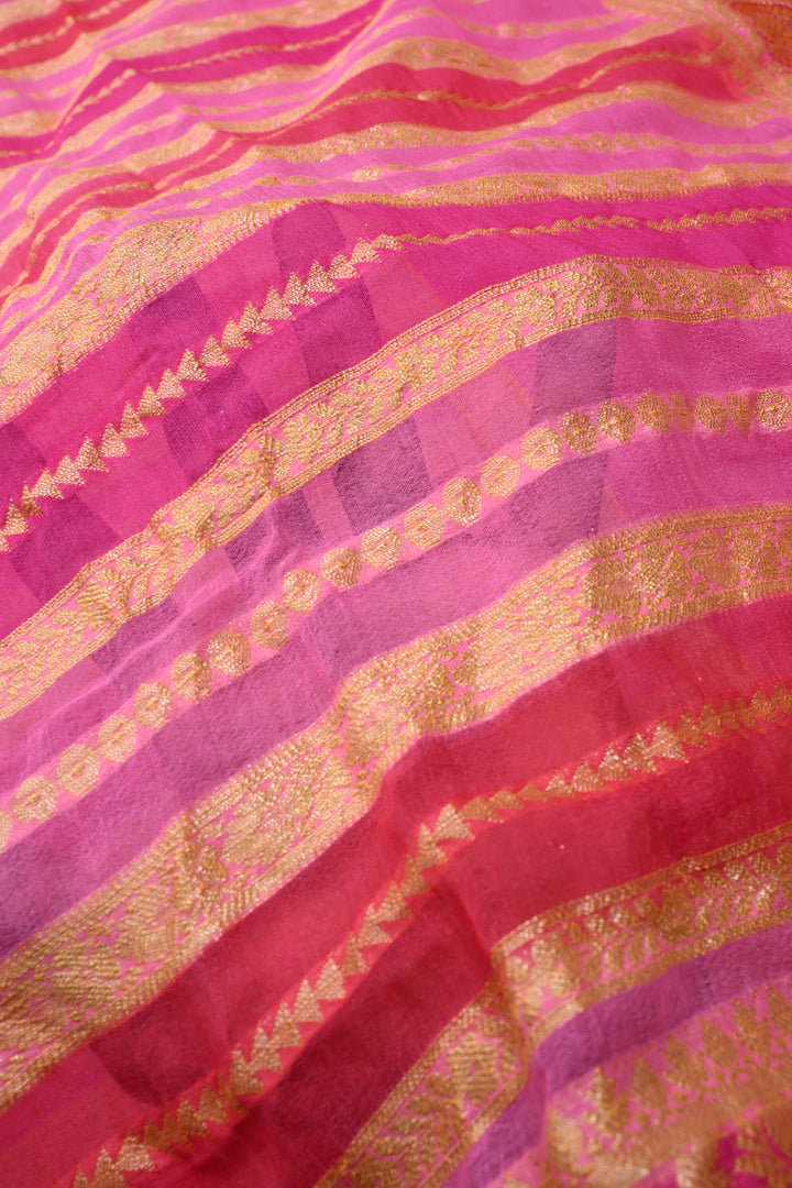 shades of pink Banarasi Silk Georgette Saree with  Horizontal Stripes and Zari Border | SILK MARK CERTIFIED | SHOBITAM