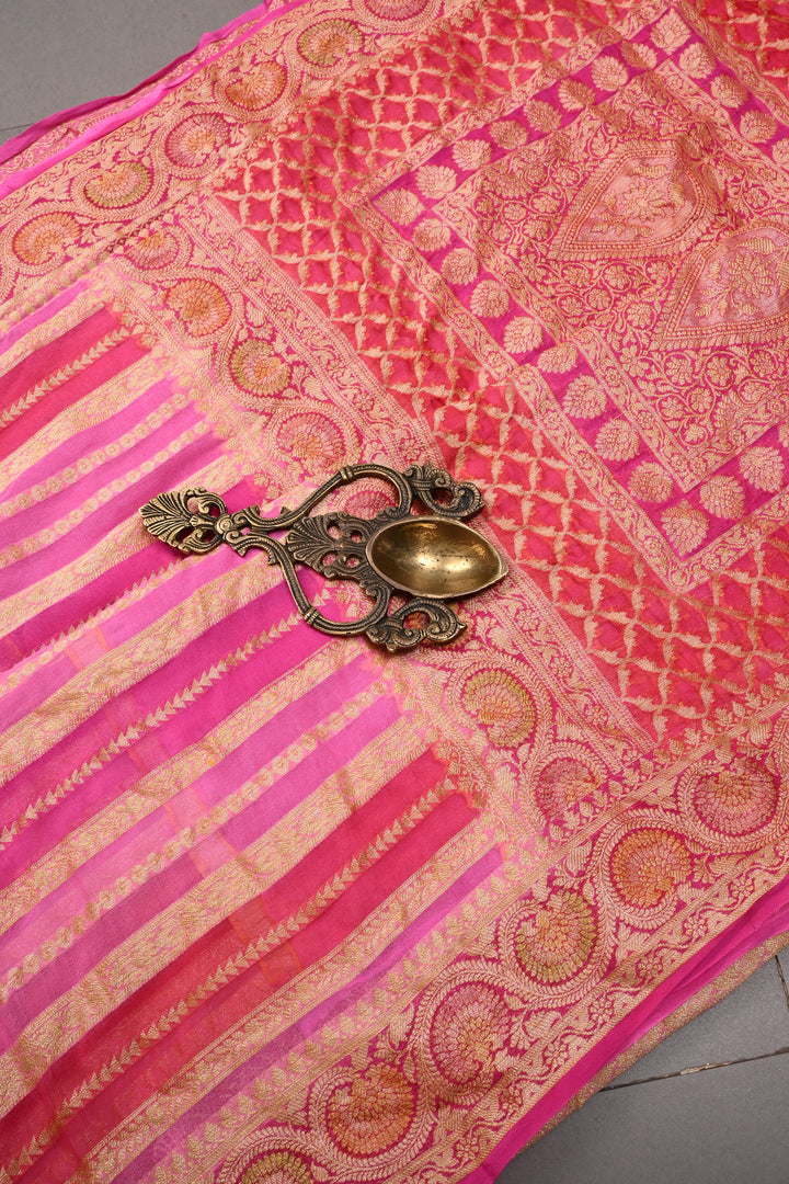 shades of pink Banarasi Silk Georgette Saree with  Horizontal Stripes and Zari Border | SILK MARK CERTIFIED | SHOBITAM