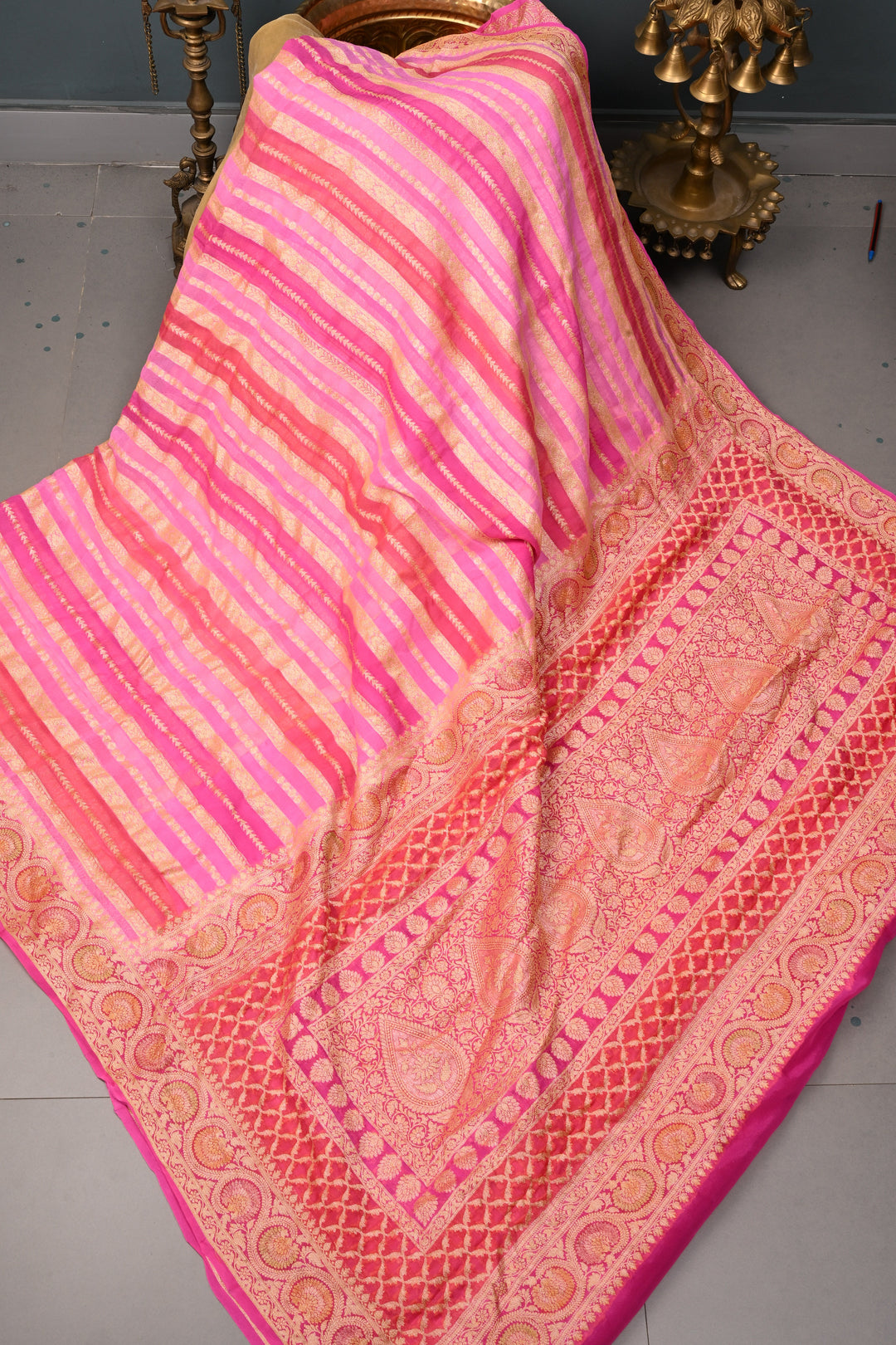 shades of pink Banarasi Silk Georgette Saree with  Horizontal Stripes and Zari Border | SILK MARK CERTIFIED | SHOBITAM