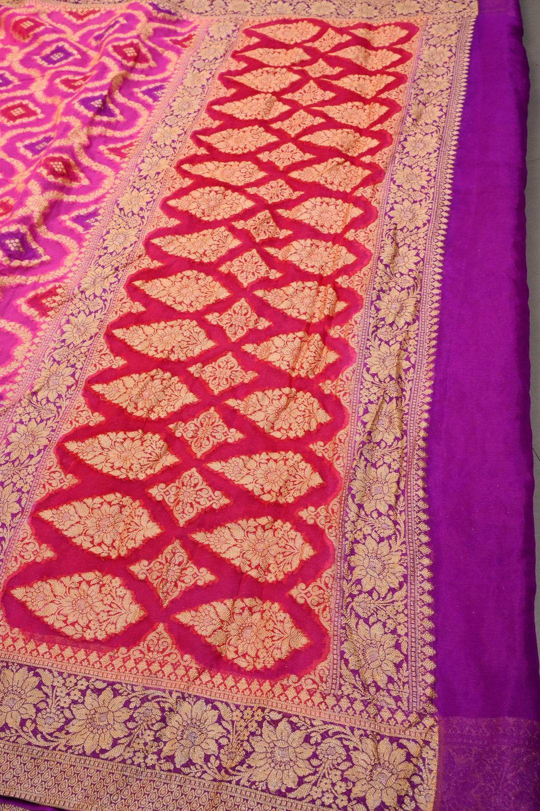 shades of pink Banarasi Silk Georgette Saree with  Horizontal Stripes and Zari Border | SILK MARK CERTIFIED | SHOBITAM