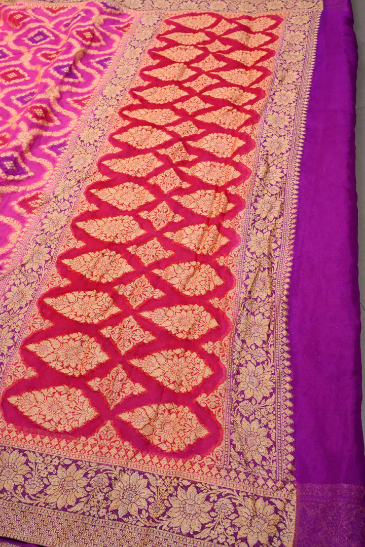 shades of pink Banarasi Silk Georgette Saree with  Horizontal Stripes and Zari Border | SILK MARK CERTIFIED | SHOBITAM