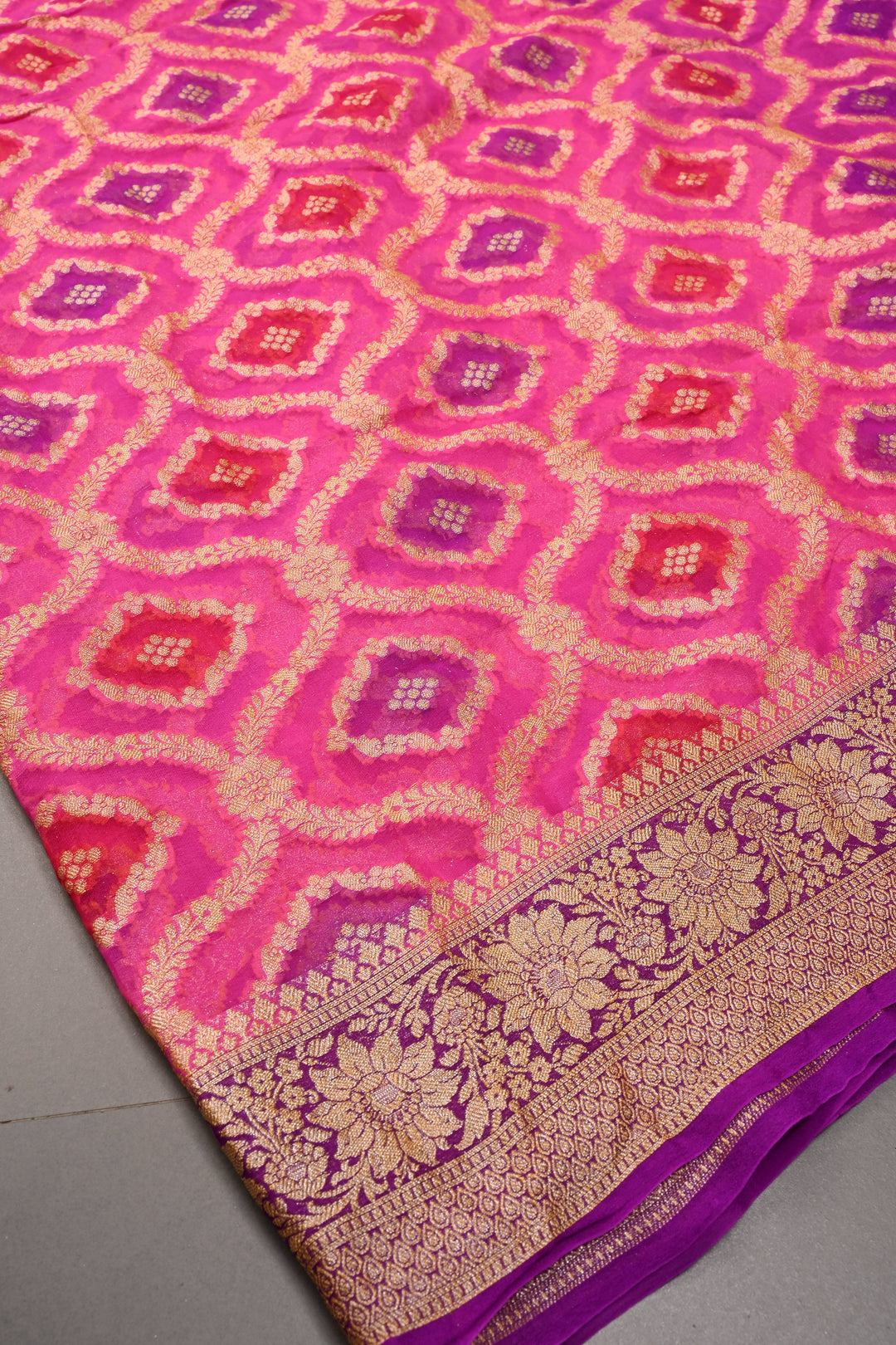Bright pink Banarasi Silk Georgette Saree with  Trellis Jaal and Zari Border | SILK MARK CERTIFIED | SHOBITAM