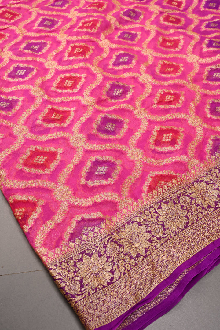Bright pink Banarasi Silk Georgette Saree with  Trellis Jaal and Zari Border | SILK MARK CERTIFIED | SHOBITAM