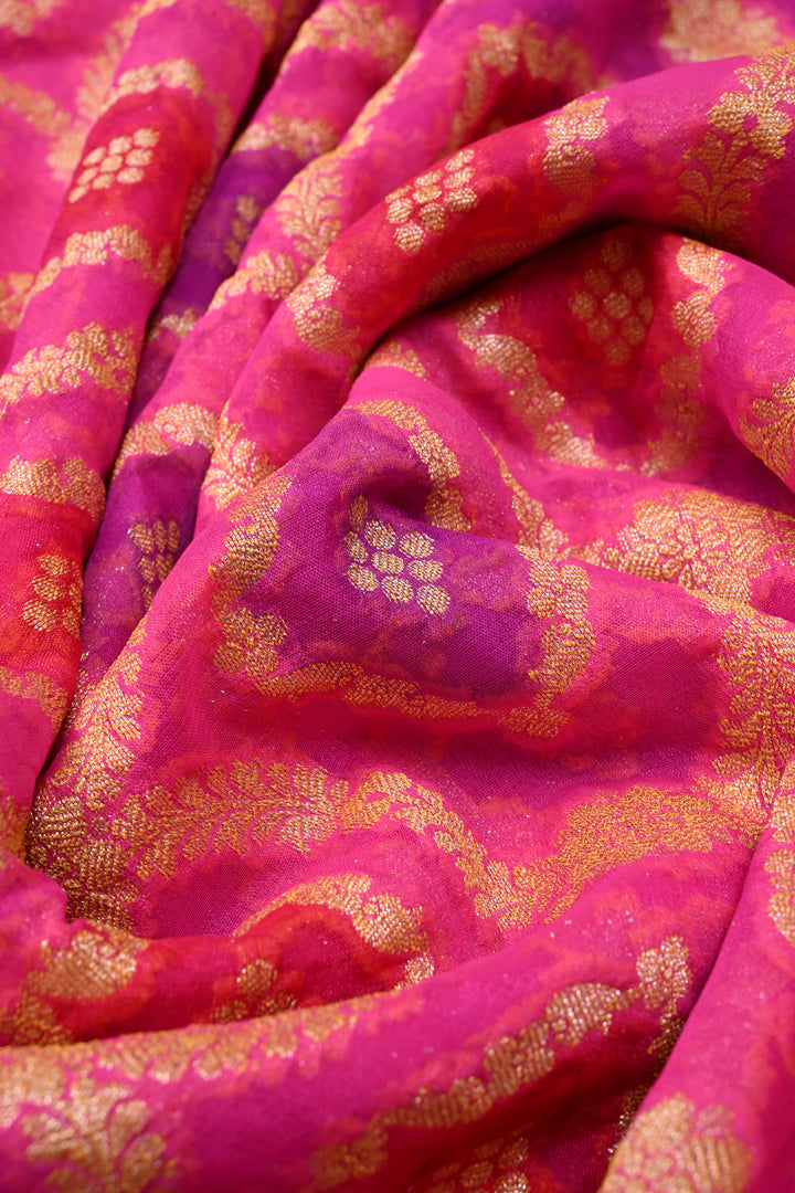 shades of pink Banarasi Silk Georgette Saree with  Horizontal Stripes and Zari Border | SILK MARK CERTIFIED | SHOBITAM