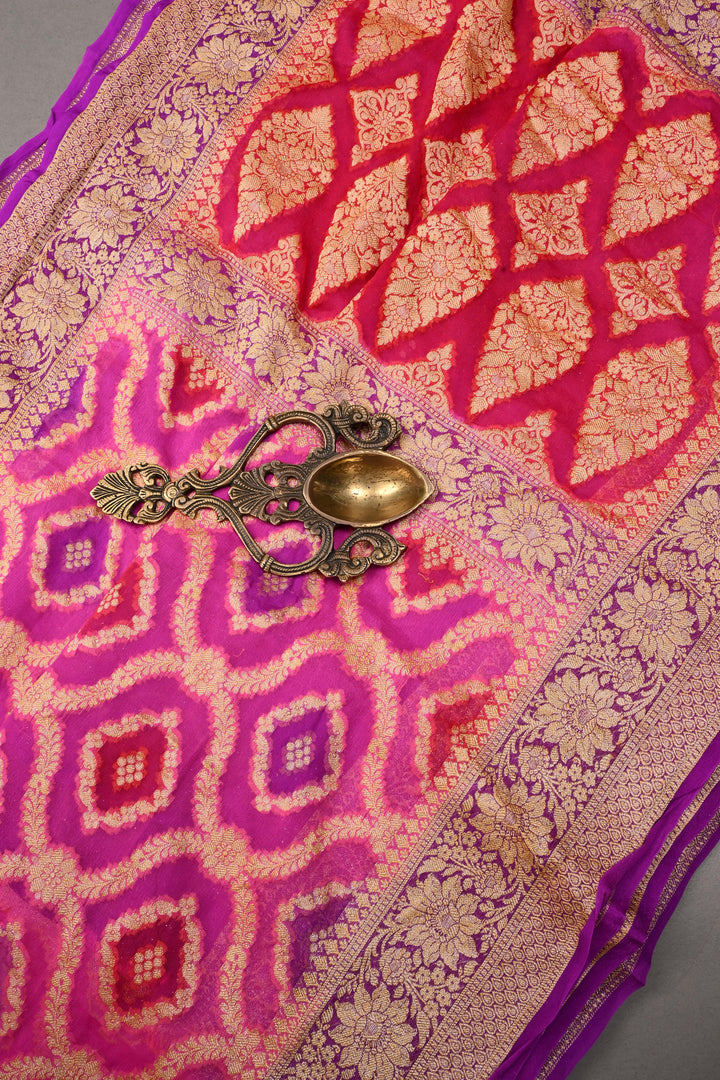 Bright pink Banarasi Silk Georgette Saree with  Trellis Jaal and Zari Border | SILK MARK CERTIFIED | SHOBITAM