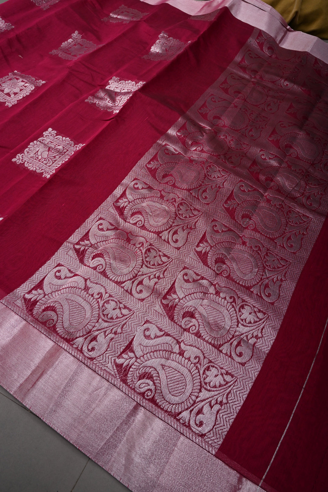 Magenta Mercerized Cotton Saree with Silver Zari Buttas and Zari Border | SHOBITAM
