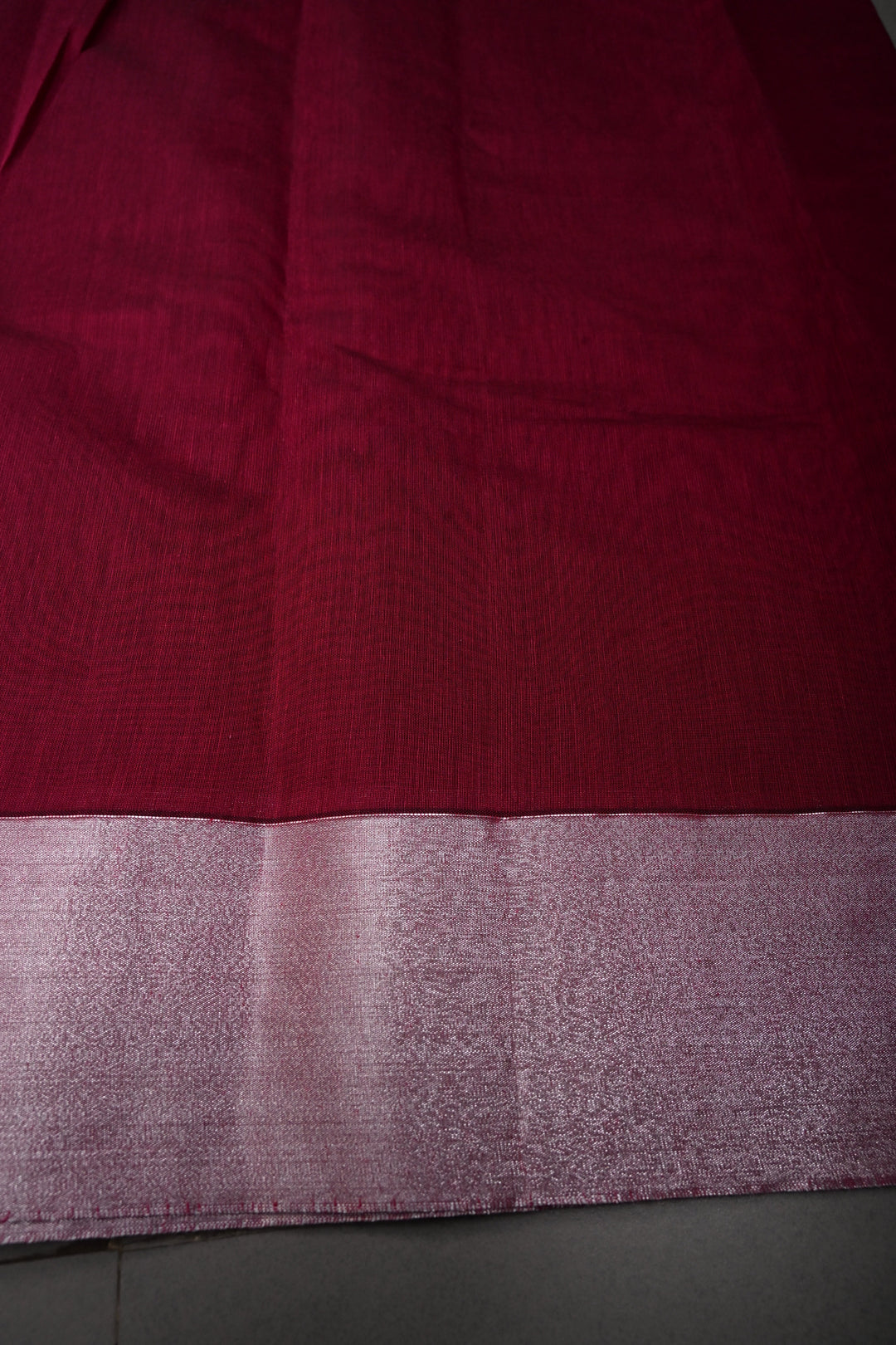 Magenta Mercerized Cotton Saree with Silver Zari Buttas and Zari Border | SHOBITAM