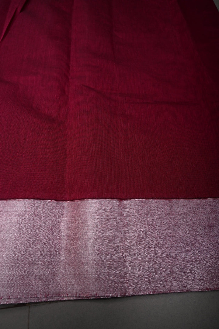 Magenta Mercerized Cotton Saree with Silver Zari Buttas and Zari Border | SHOBITAM