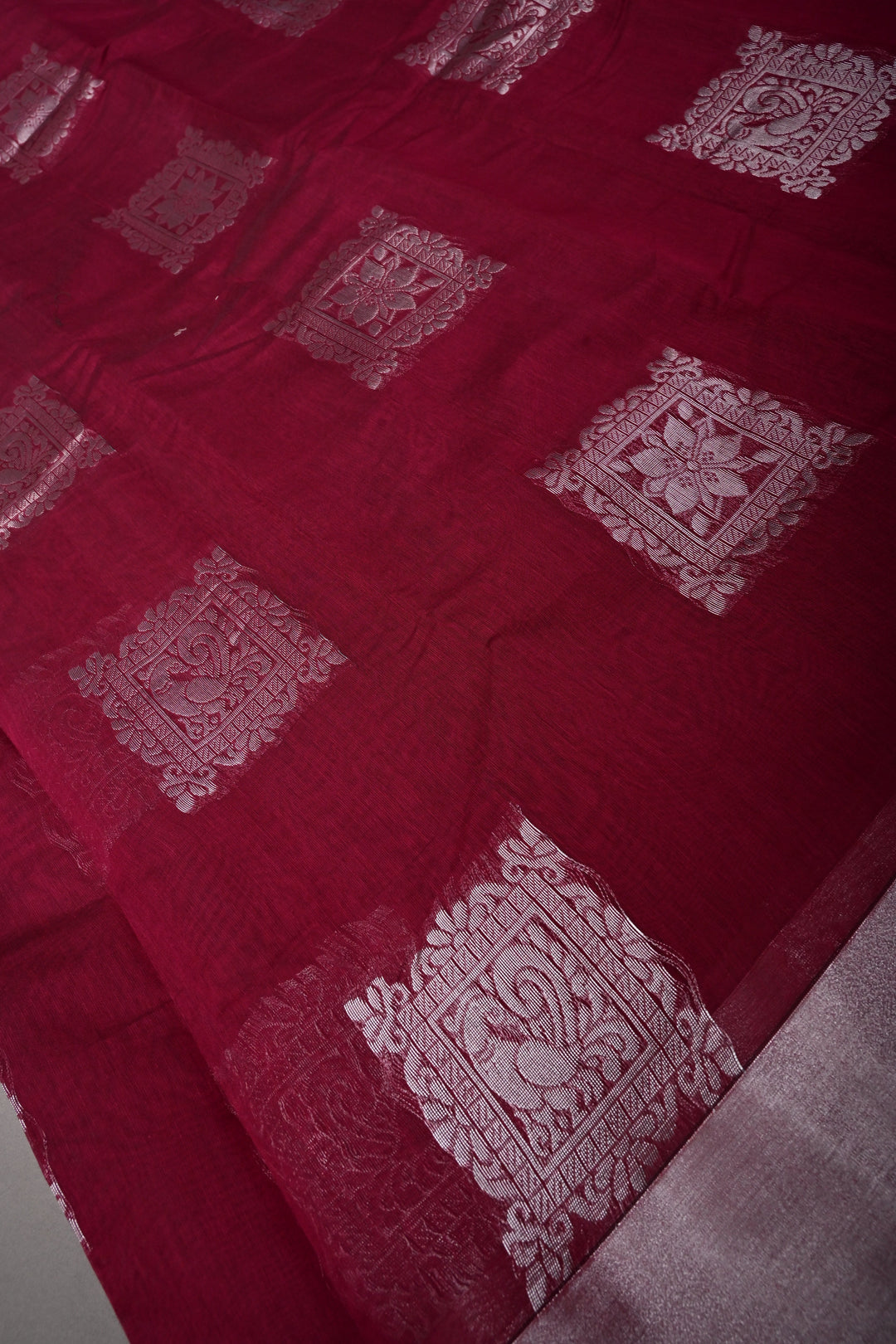 Magenta Mercerized Cotton Saree with Silver Zari Buttas and Zari Border | SHOBITAM