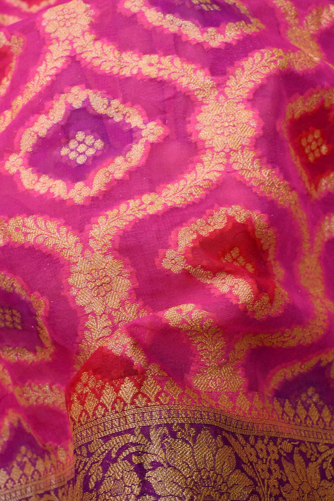 Bright pink Banarasi Silk Georgette Saree with  Trellis Jaal and Zari Border | SILK MARK CERTIFIED | SHOBITAM