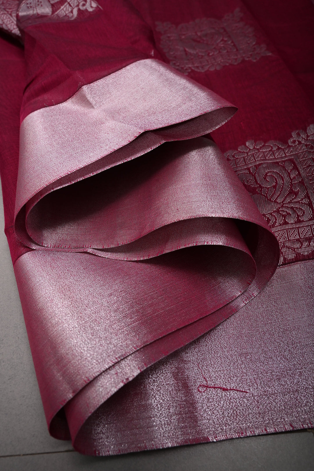 Magenta Mercerized Cotton Saree with Silver Zari Buttas and Zari Border | SHOBITAM