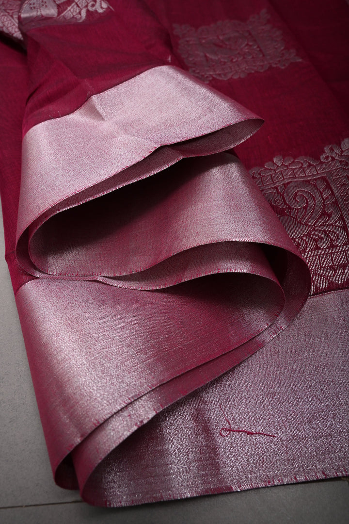 Magenta Mercerized Cotton Saree with Silver Zari Buttas and Zari Border | SHOBITAM