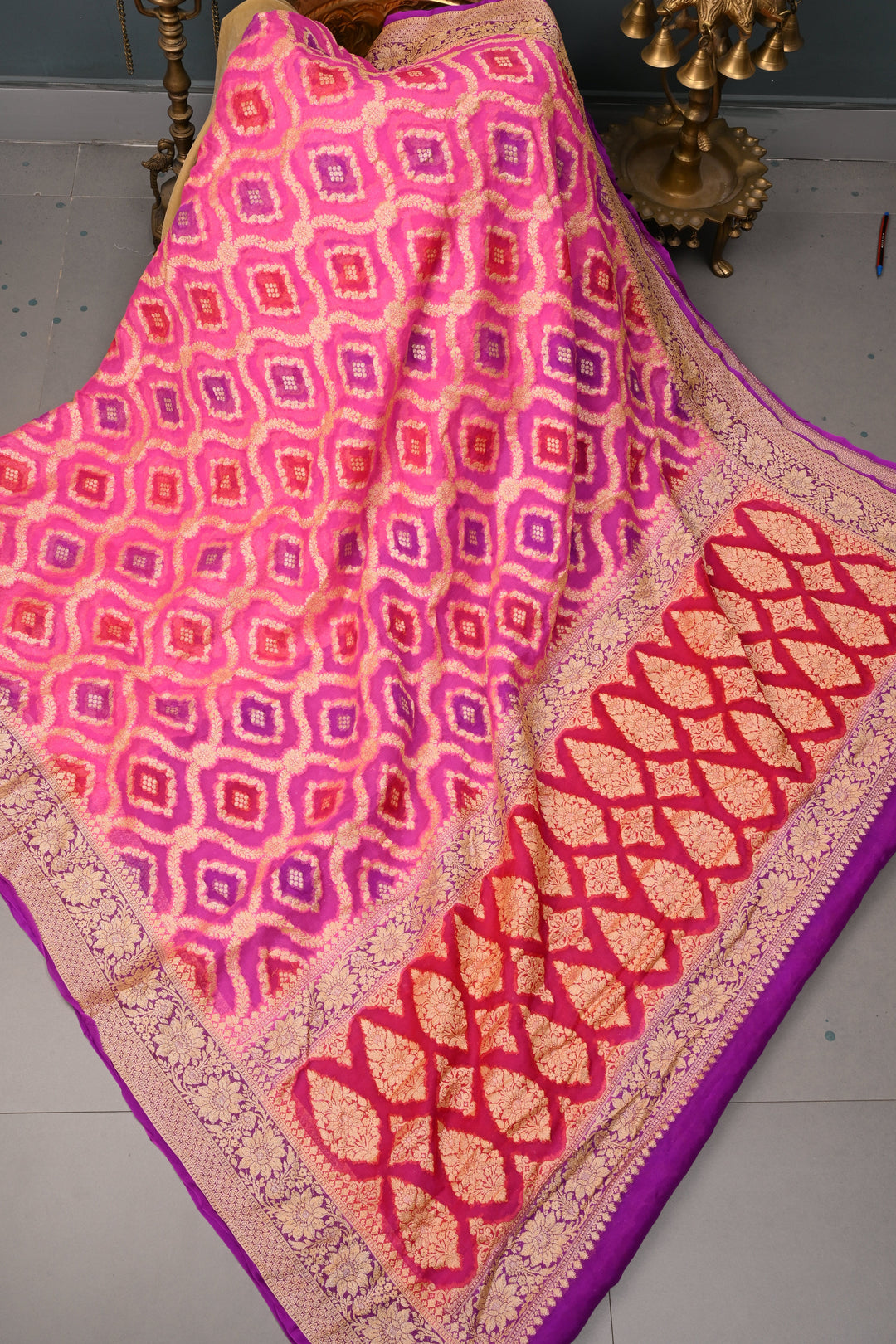 Bright pink Banarasi Silk Georgette Saree with  Trellis Jaal and Zari Border | SILK MARK CERTIFIED | SHOBITAM