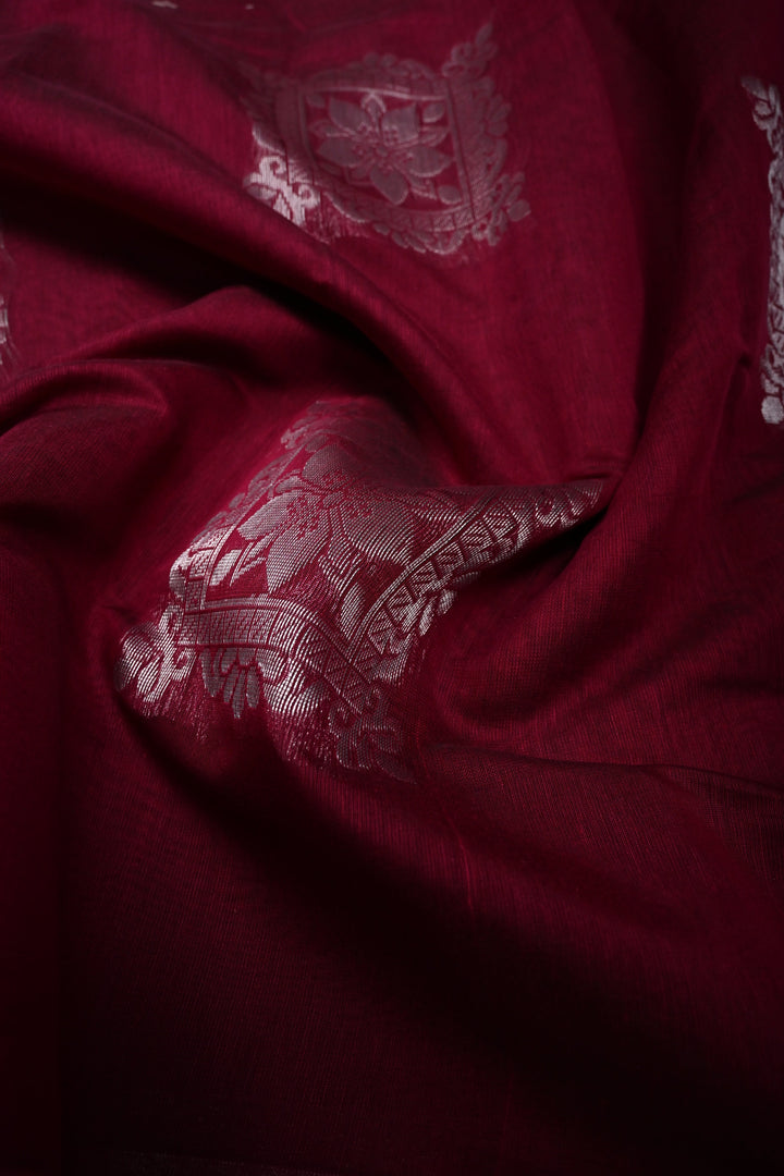 Magenta Mercerized Cotton Saree with Silver Zari Buttas and Zari Border | SHOBITAM