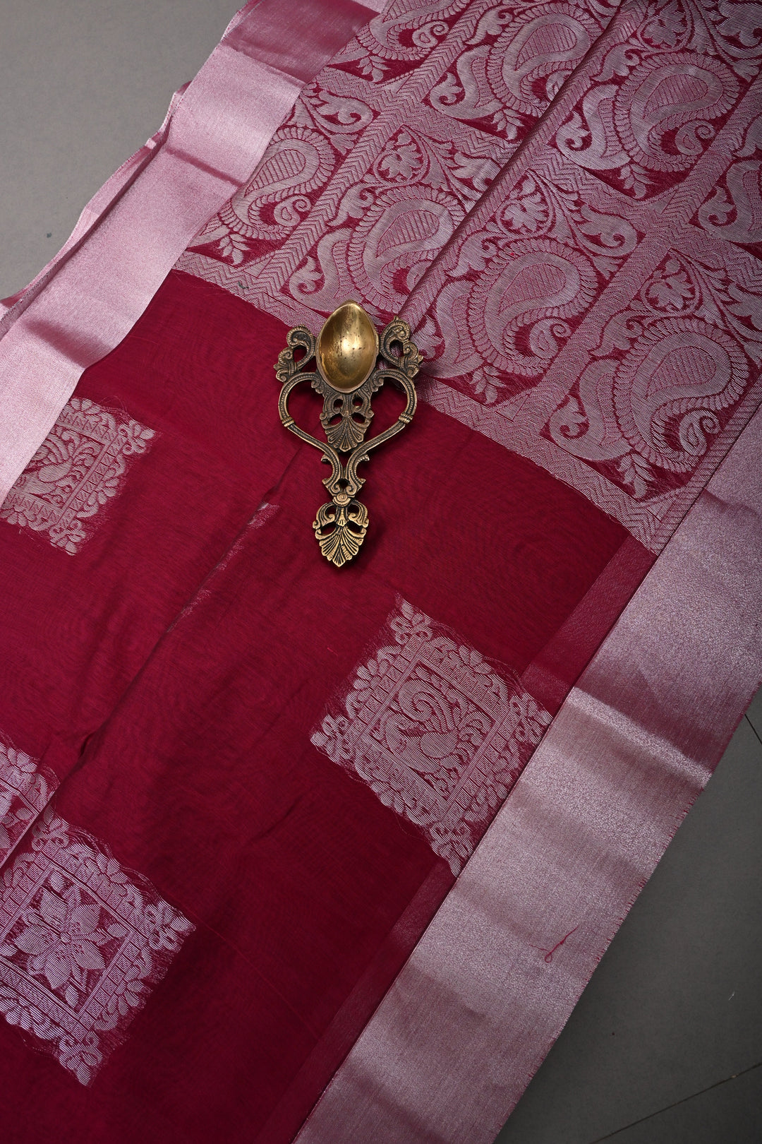 Magenta Mercerized Cotton Saree with Silver Zari Buttas and Zari Border | SHOBITAM