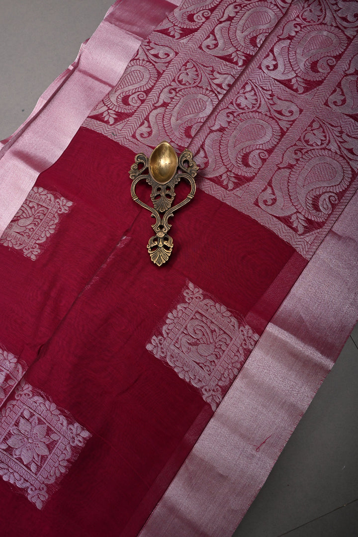 Magenta Mercerized Cotton Saree with Silver Zari Buttas and Zari Border | SHOBITAM