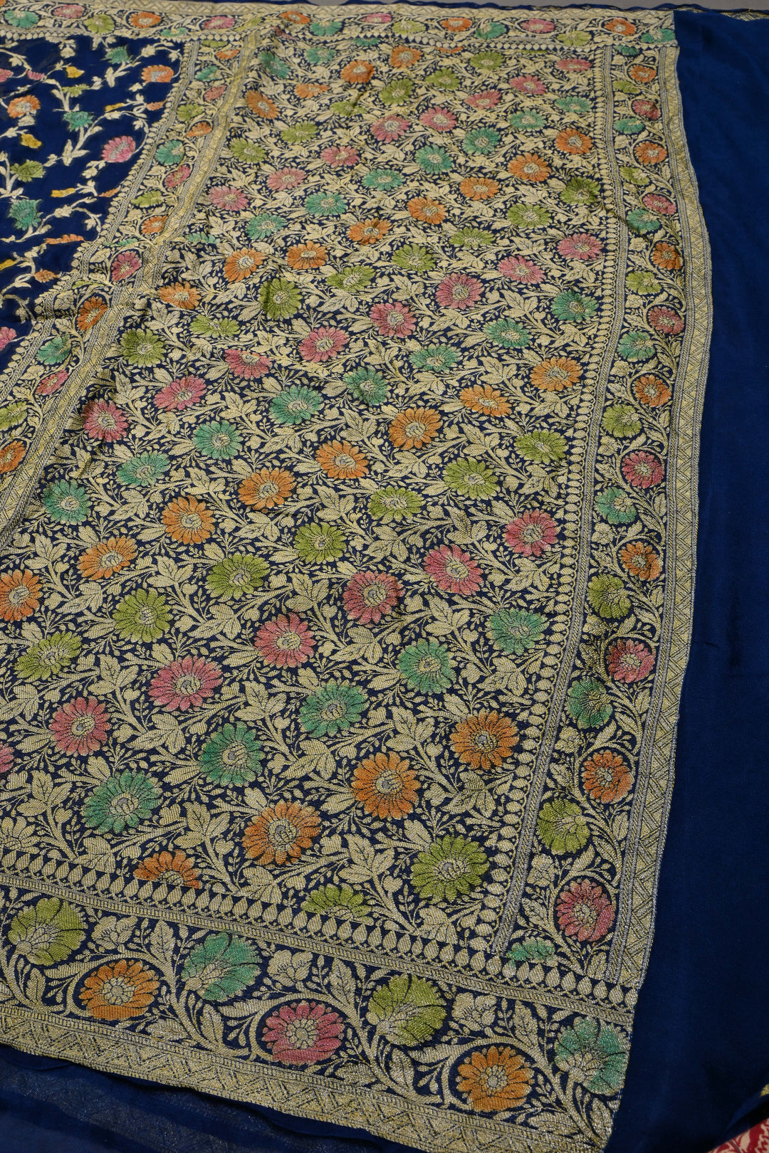Blue Georgette Silk Saree with Brush Dye Floral Jaal Design and Zari Border | SILK MARK CERTIFIED