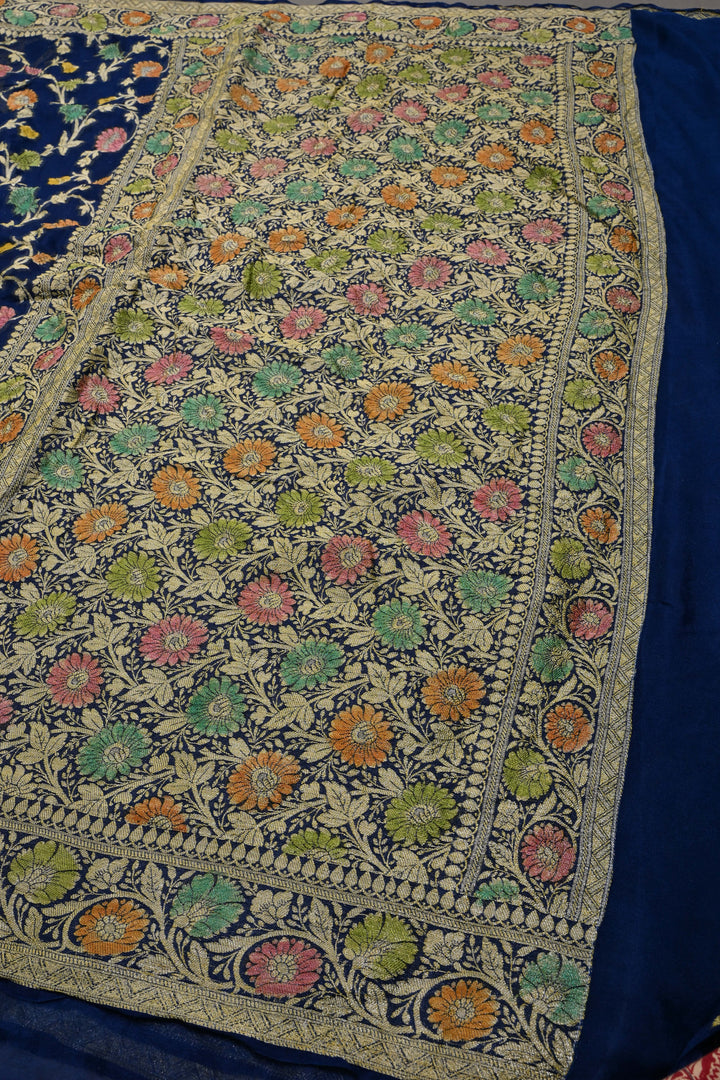 Blue Georgette Silk Saree with Brush Dye Floral Jaal Design and Zari Border | SILK MARK CERTIFIED