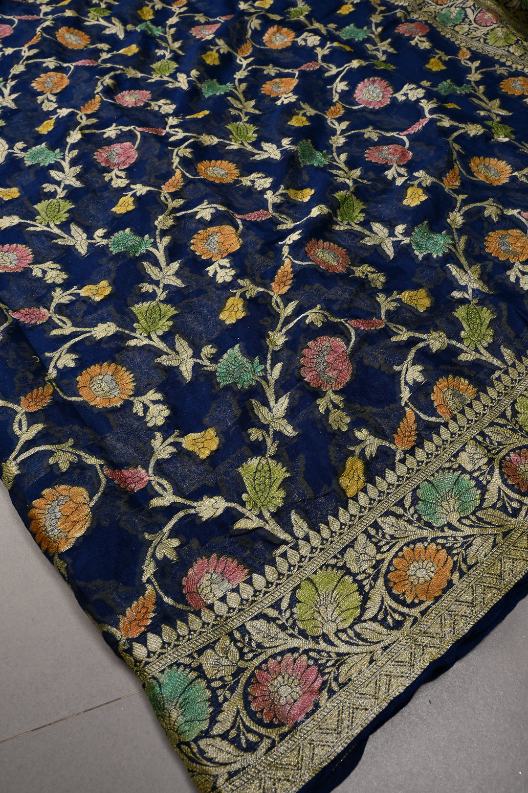 Blue Georgette Silk Saree with Brush Dye Floral Jaal Design and Zari Border | SILK MARK CERTIFIED