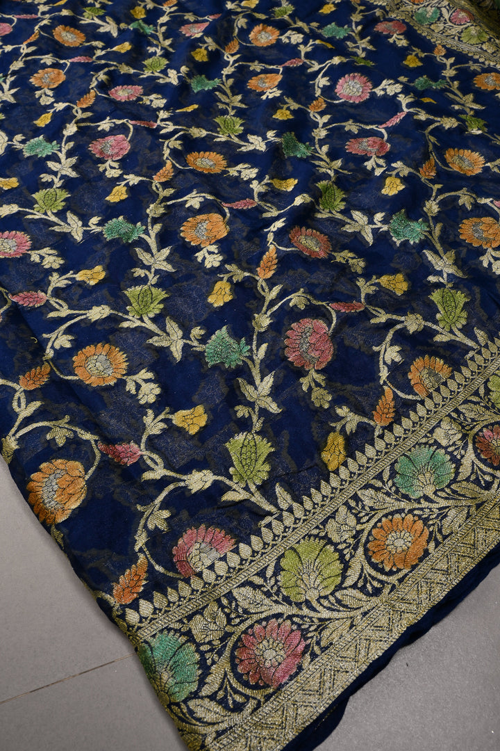 Blue Georgette Silk Saree with Brush Dye Floral Jaal Design and Zari Border | SILK MARK CERTIFIED