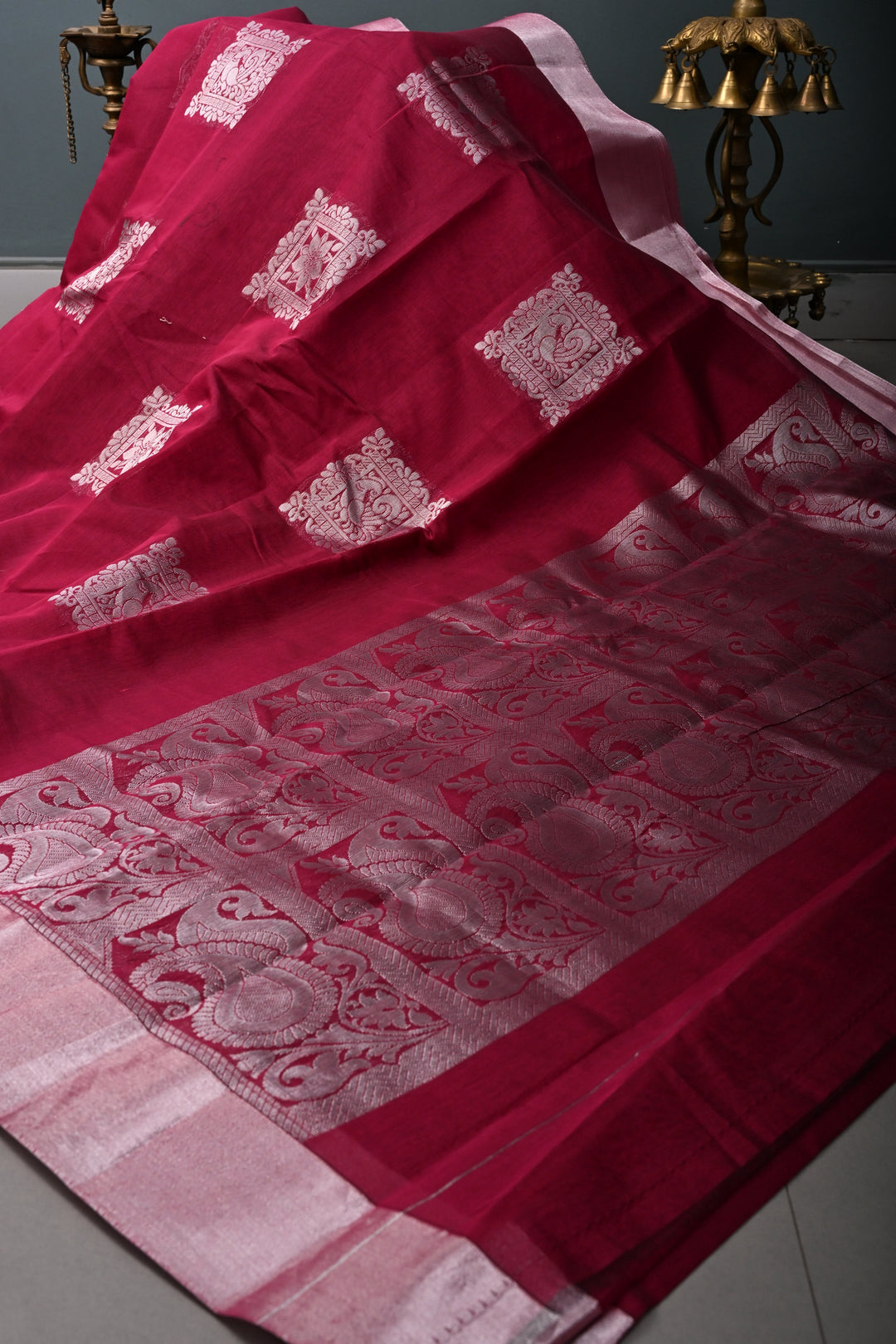 Magenta Mercerized Cotton Saree with Silver Zari Buttas and Zari Border | SHOBITAM
