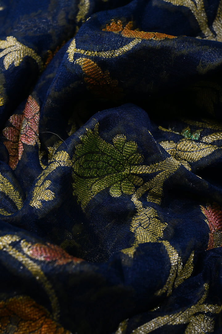 Blue Georgette Silk Saree with Brush Dye Floral Jaal Design and Zari Border | SILK MARK CERTIFIED