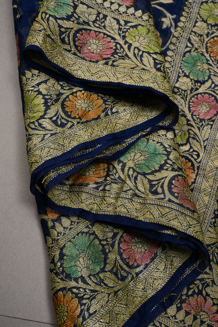 Blue Georgette Silk Saree with Brush Dye Floral Jaal Design and Zari Border | SILK MARK CERTIFIED