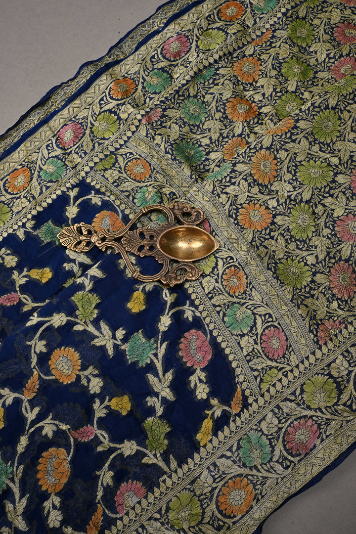 Blue Georgette Silk Saree with Brush Dye Floral Jaal Design and Zari Border | SILK MARK CERTIFIED