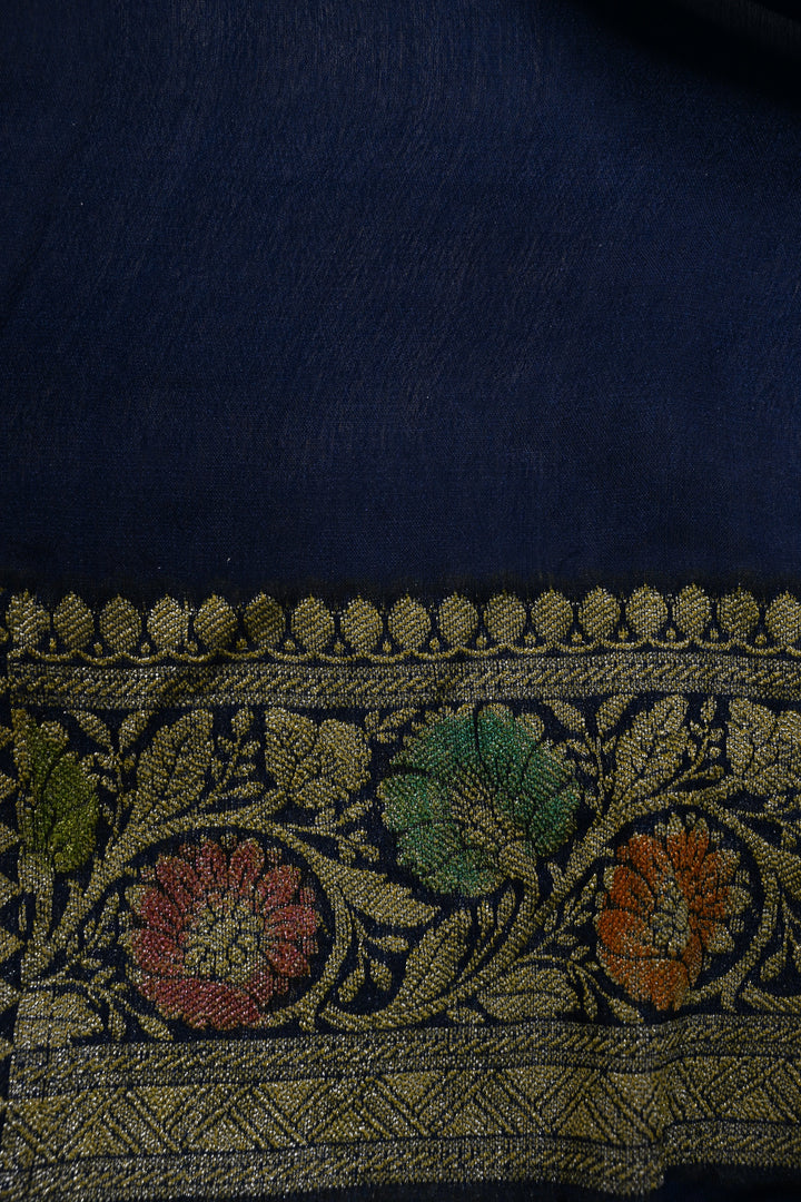 Blue Georgette Silk Saree with Brush Dye Floral Jaal Design and Zari Border | SILK MARK CERTIFIED
