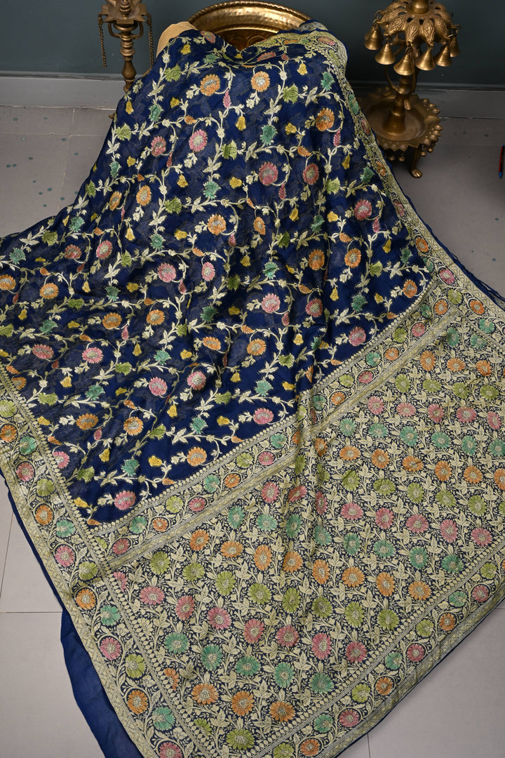 Blue Georgette Silk Saree with Brush Dye Floral Jaal Design and Zari Border | SILK MARK CERTIFIED