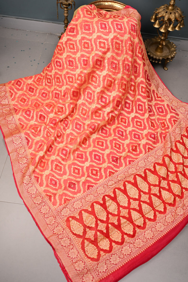 Orange Banarasi Georgette Saree with Meenakari Zari Brocade and Zari Border | SILK MARK CERTIFIED | SHOBITAM