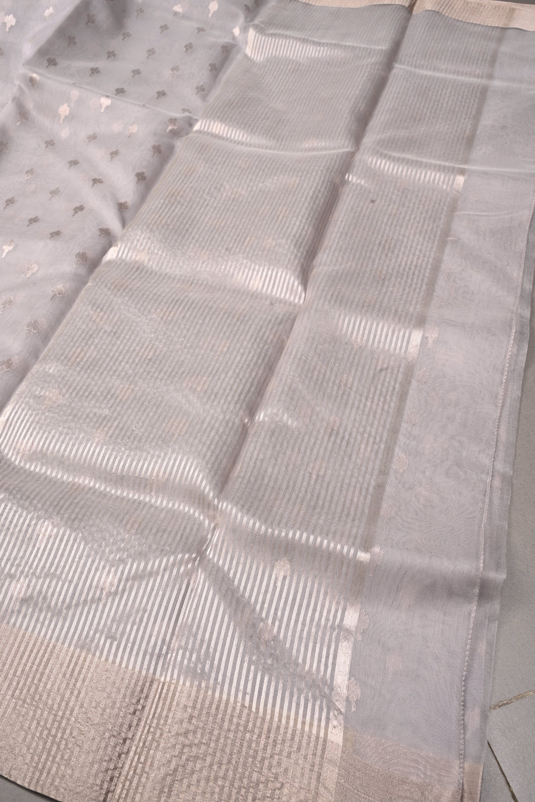 Grey Chanderi Silk Saree with Silver Zari Buttas and Zari Border | SHOBITAM