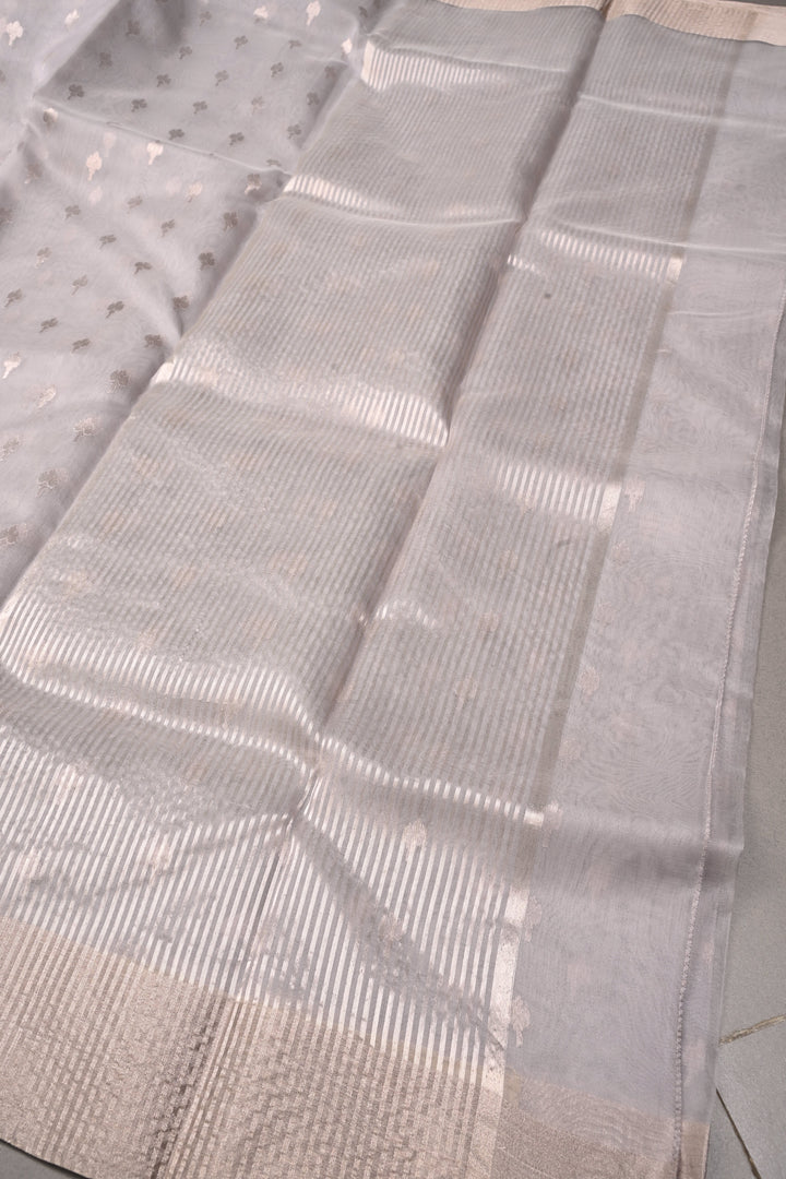 Grey Chanderi Silk Saree with Silver Zari Buttas and Zari Border | SHOBITAM
