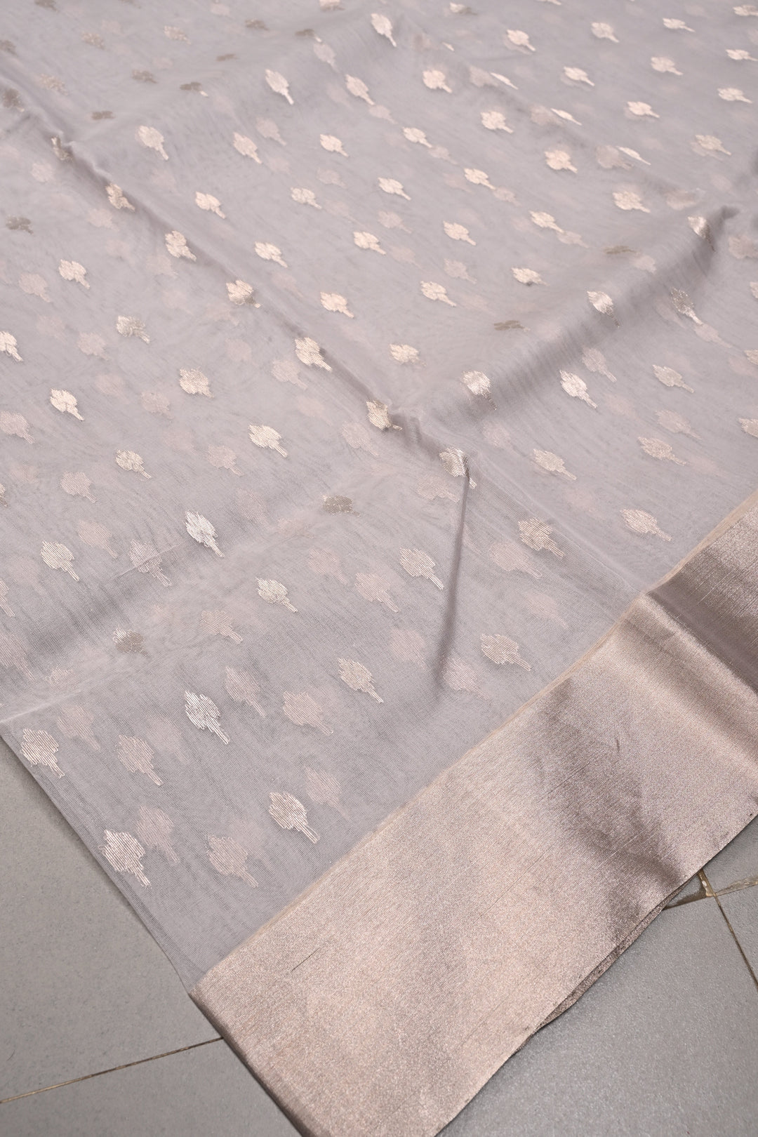Grey Chanderi Silk Saree with Silver Zari Buttas and Zari Border | SHOBITAM