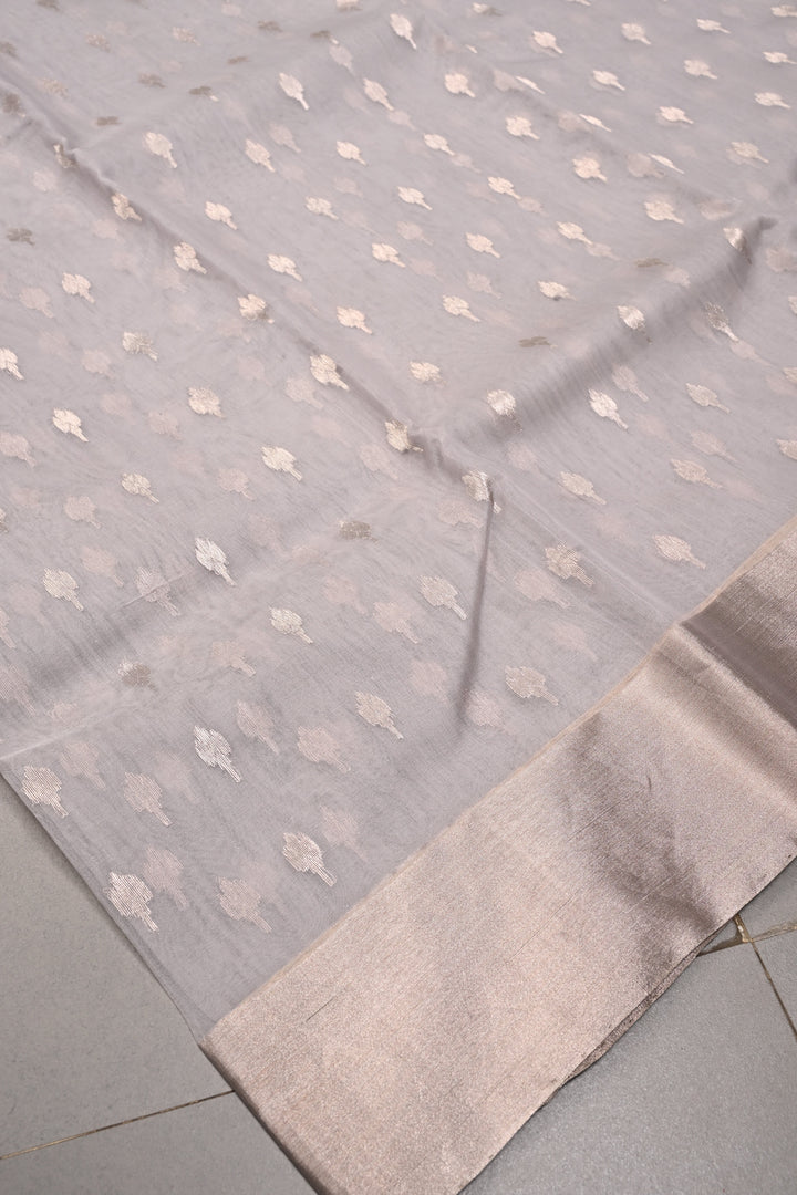 Grey Chanderi Silk Saree with Silver Zari Buttas and Zari Border | SHOBITAM
