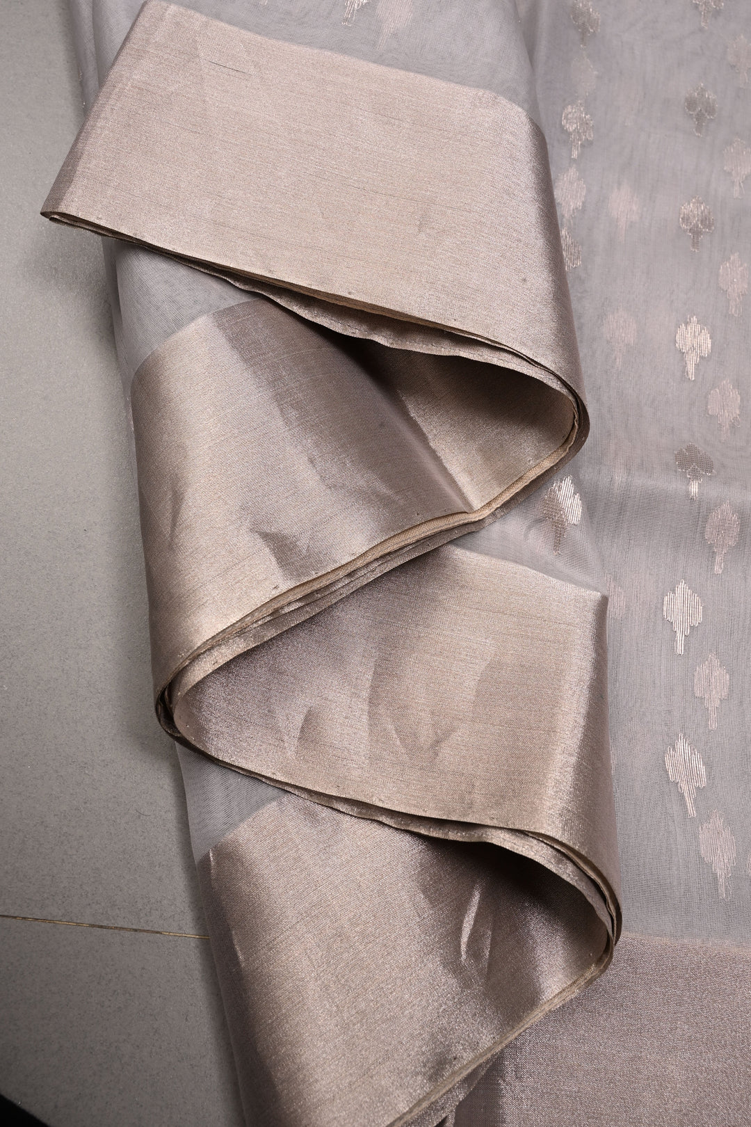 Grey Chanderi Silk Saree with Silver Zari Buttas and Zari Border | SHOBITAM