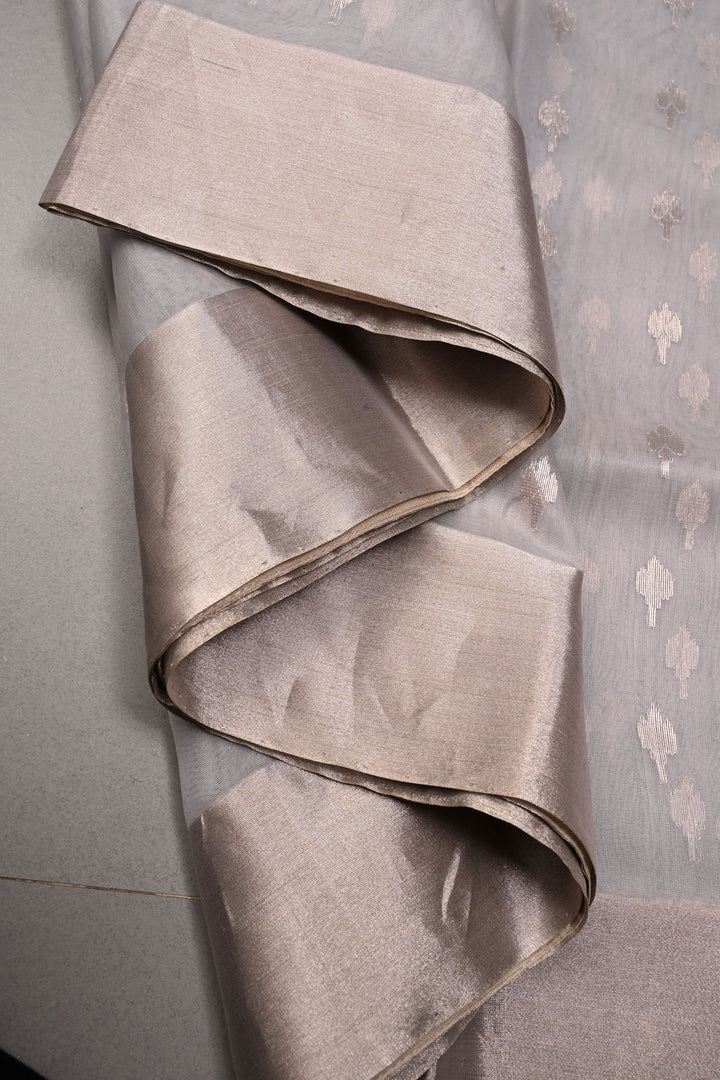 Grey Chanderi Silk Saree with Silver Zari Buttas and Zari Border | SHOBITAM