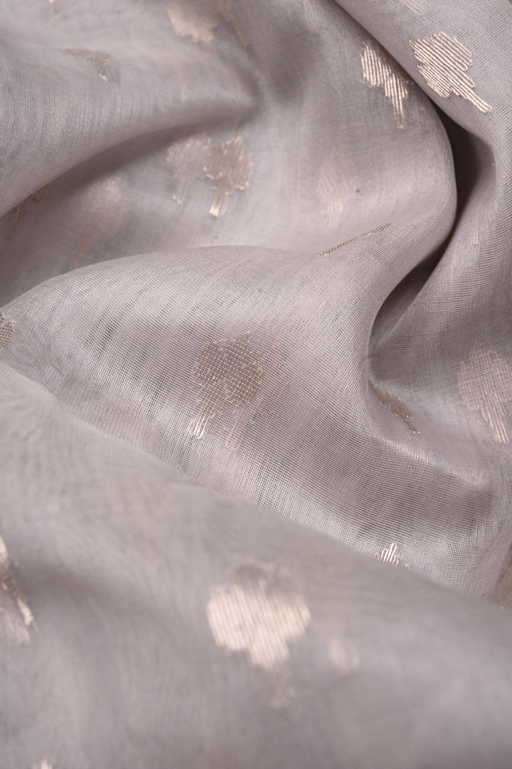 Grey Chanderi Silk Saree with Silver Zari Buttas and Zari Border | SHOBITAM